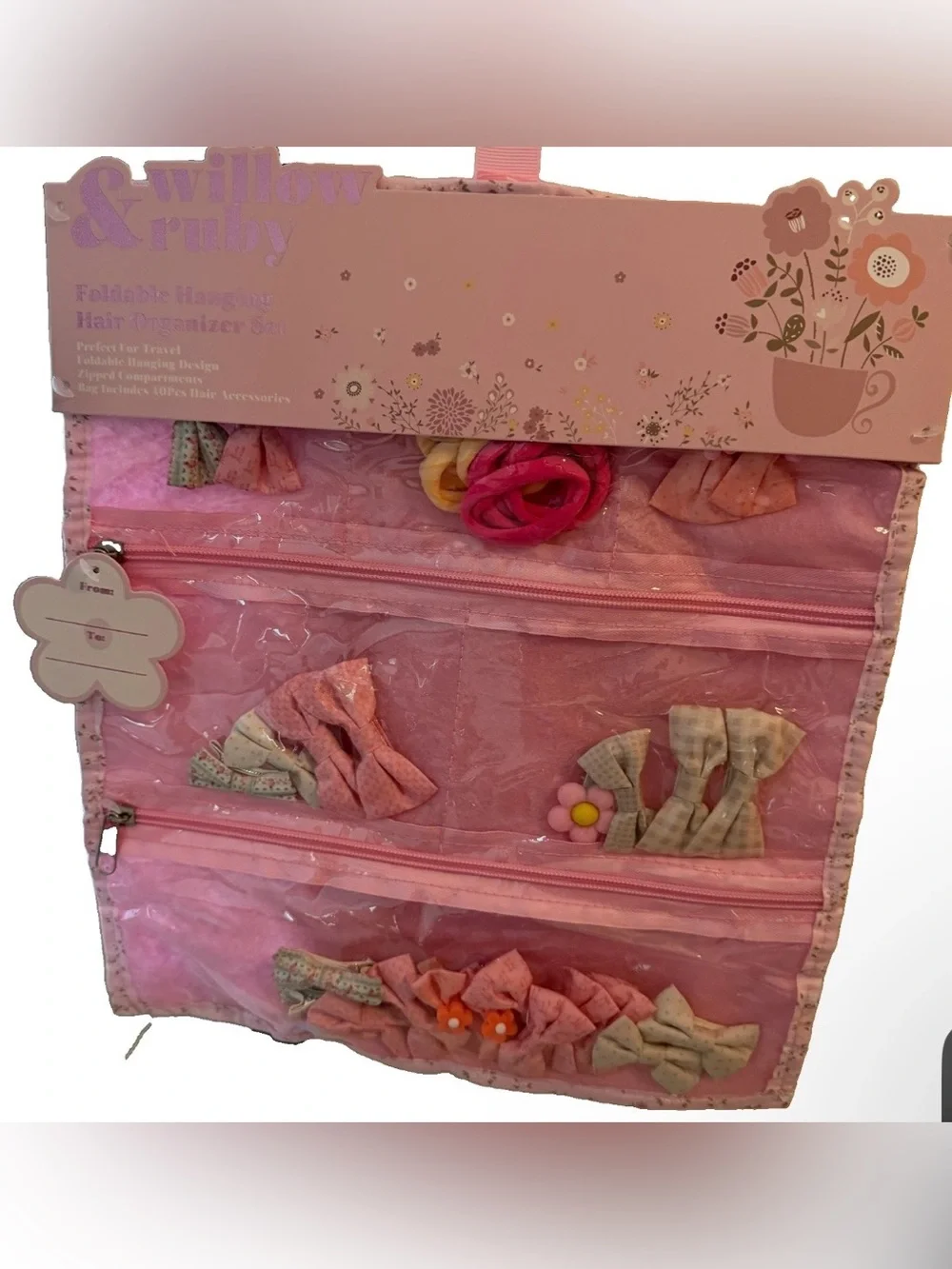 Willow Pink Hanging Hair Accessory Organizer with 40 Assorted Pink & Cream Bows